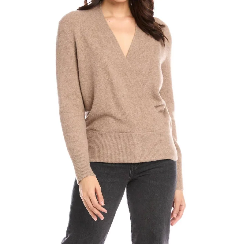 Fringed Knit TopsWrap Sweater In Wheat
