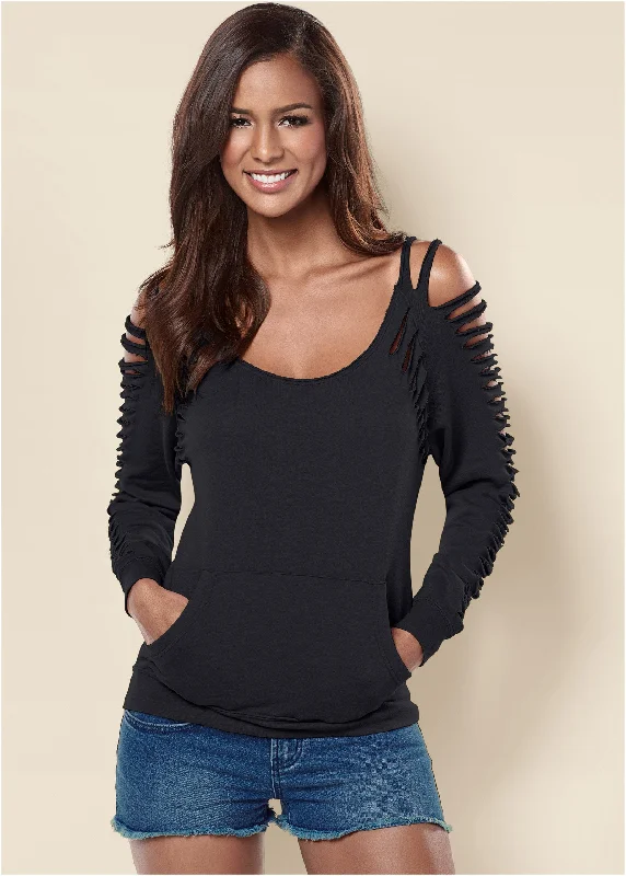 Colorblock Knit TopsSlash Detail Sweatshirt - Black