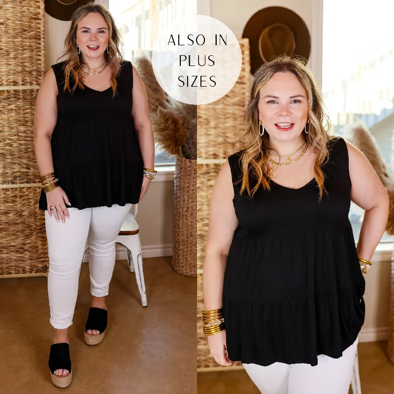 CamisoleGladiatorMost Love Tiered Tank Top with V Neckline in Black