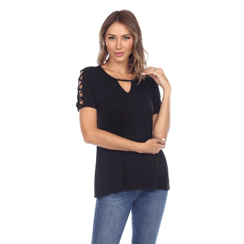 Longline Short Sleeve TopsWhite Mark Womens Keyhole Neck Cutout Short Sleeve Top Casual Rayon Spandex